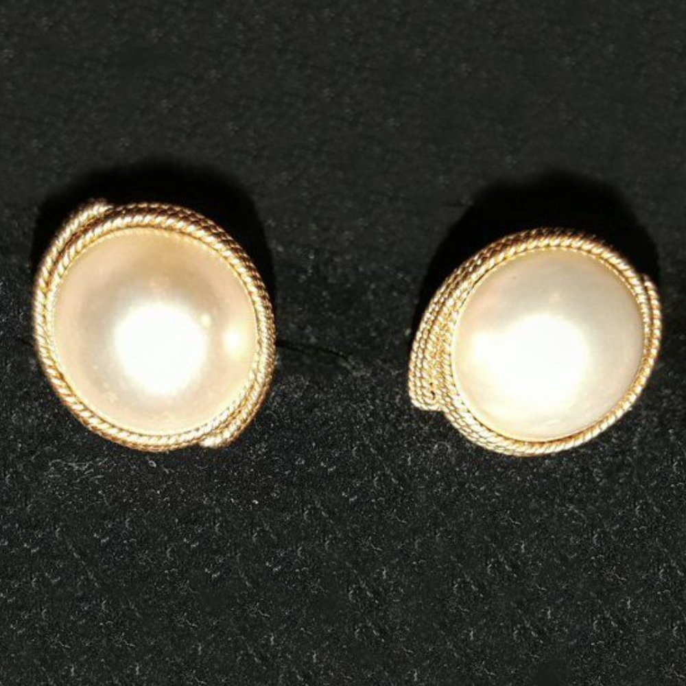 Vintage K14 Large Half Pearl Screw Back Earrings